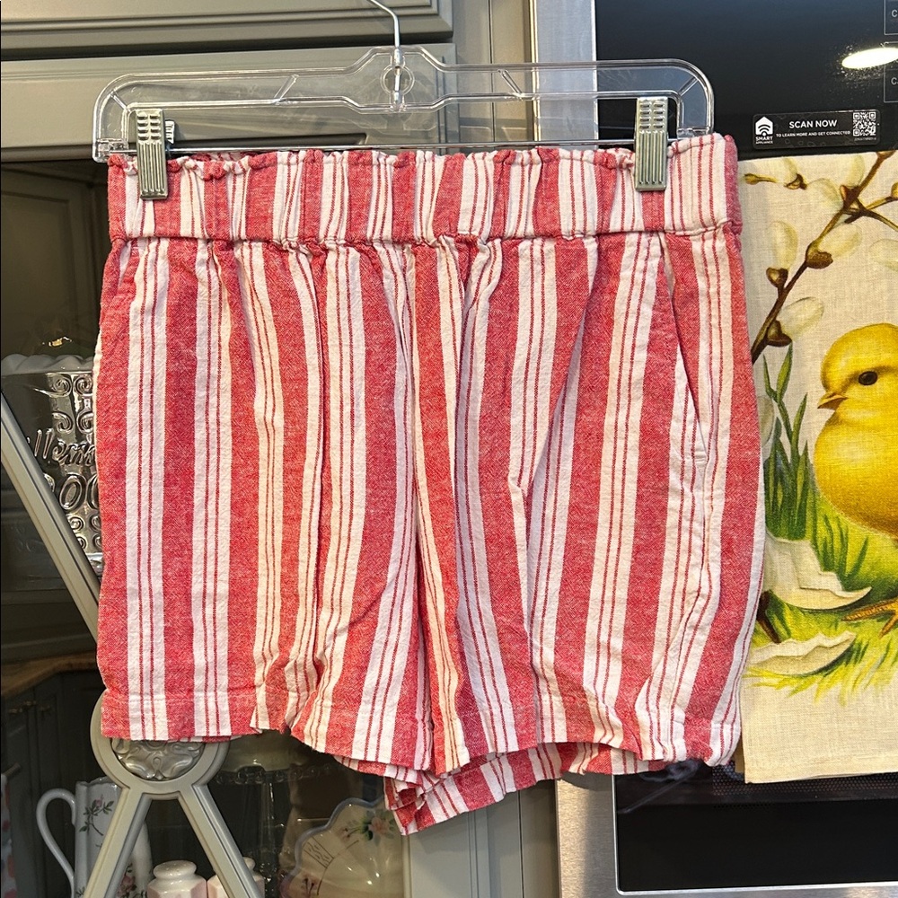 Talbots Red and White Striped Linen High Waist Shorts PS